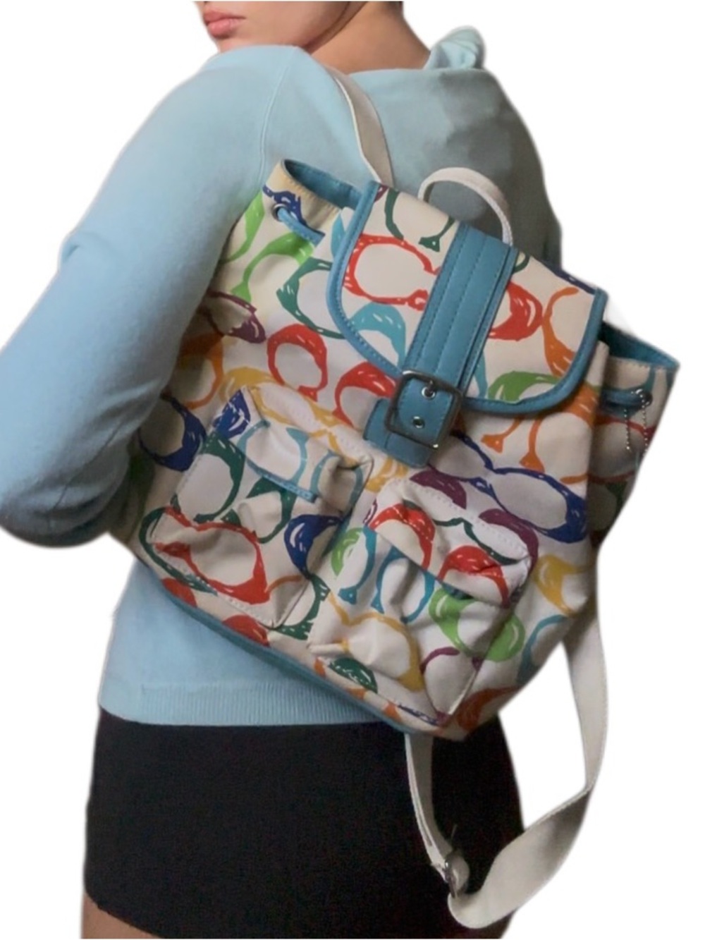 Colorful Coach Printed Canvas Backpack with Teal Trim